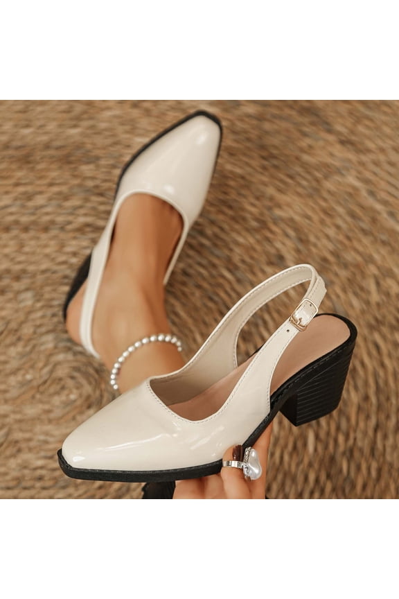 Women's Heeled Sandals with Shiny Patent Leather, Pointed Toe and Adjustable Slingback, Stable Block Heel for Comfort, Available in Plus Sizes for Casual Wear in Burgundy and White