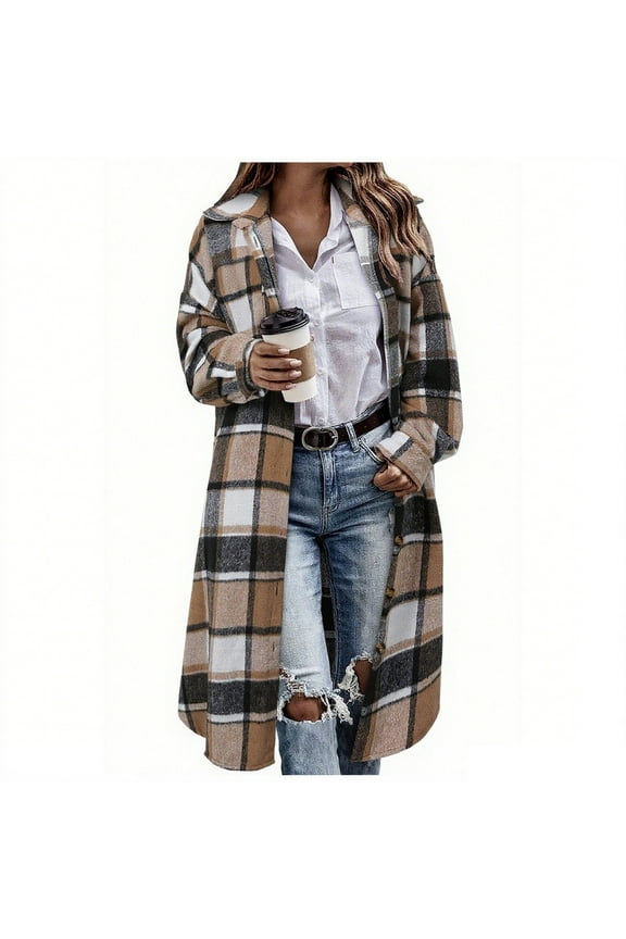 Women's Hooded Cardigan Coat, Casual, Long Sleeves, Button Front, Plaid Design