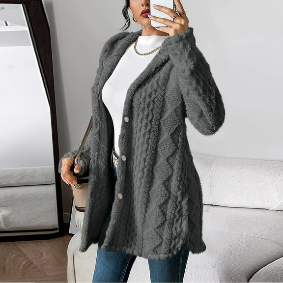 SDNall Women's Jacquard Hooded Cardigan, Double-Sided Fleece Button Front Coat for Fall and Winter