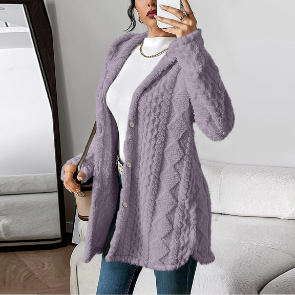 SDNall Women's Jacquard Hooded Cardigan, Double-Sided Fleece Button Front Coat for Fall and Winter