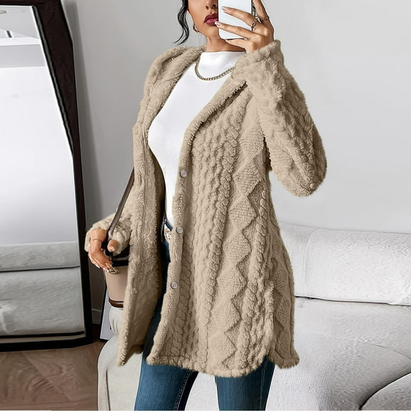 SDNall Women's Jacquard Hooded Cardigan, Double-Sided Fleece Button Front Coat for Fall and Winter