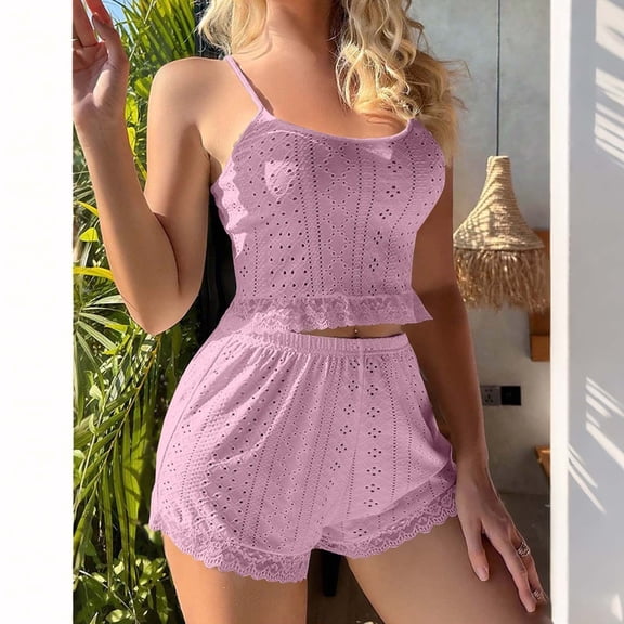 SDNall Women's Lace Trim Pajamas Set Short Sleeve Camisole & Shorts, Summer Silky Sleepwear Loungewear Two Piece Set