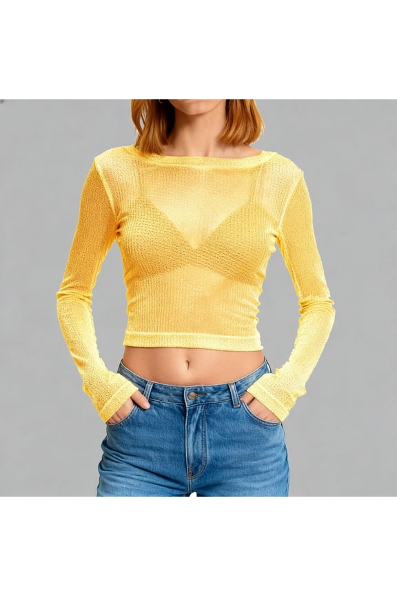 Women's Long Sleeve Crop Top, Off Shoulder Glitter Party Top for Women, Sparkly Mesh Clubwear with Hollow Out Design and Slim Fit Pullover