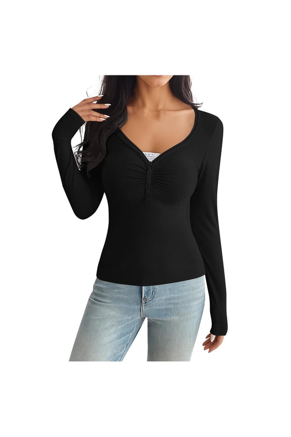 Women's Long Sleeve Shirt, V Neck Tops with Ruching Detail, Stretchy Knit Fitted Blouse for Daily Wear, Casual Long Sleeve T-Shirt for Women