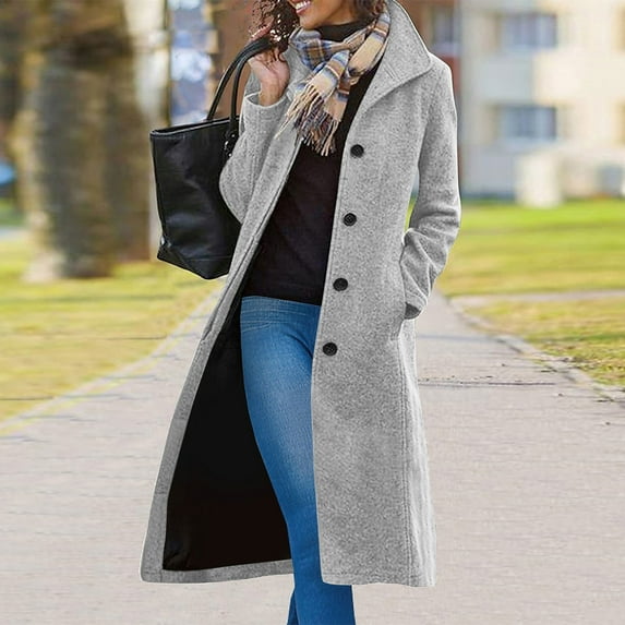 SDNall Women's Long Wool Blend Coat, Thick Stand Collar Double Breasted Trench with Inner Lining