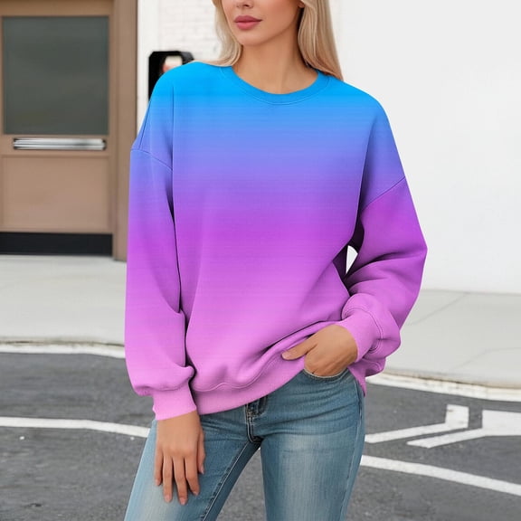 SDNall Women‘s Ombre Print Drop Shoulder Sweatshirt, Long Sleeve Round Neck Pullover Top for Casual Loungewear