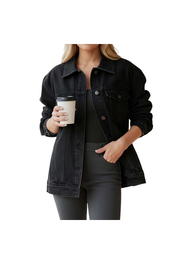 Women‘s Oversized Denim Jacket, Washed Vintage Collared Jacket, Loose Fit American Street Style Coat