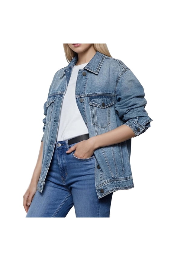 Women‘s Oversized Denim Jacket, Washed Vintage Collared Jacket, Loose Fit American Street Style Coat