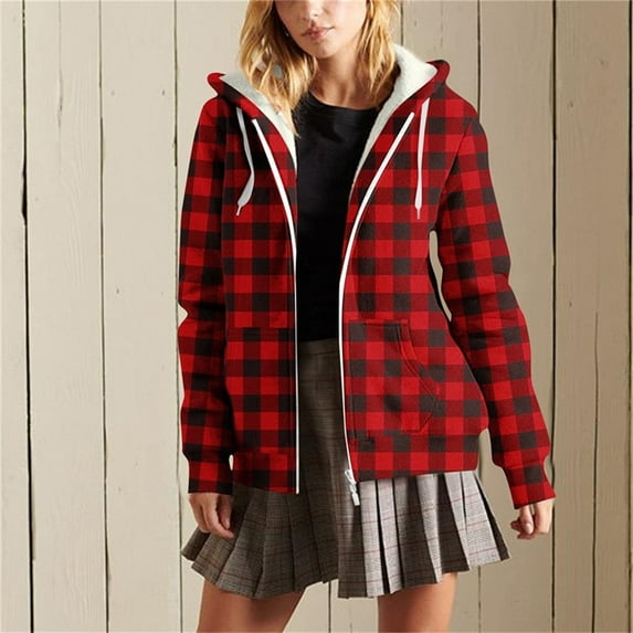 SDNall Women's Oversized Plaid Hooded Jacket - Casual Streetwear with Pockets