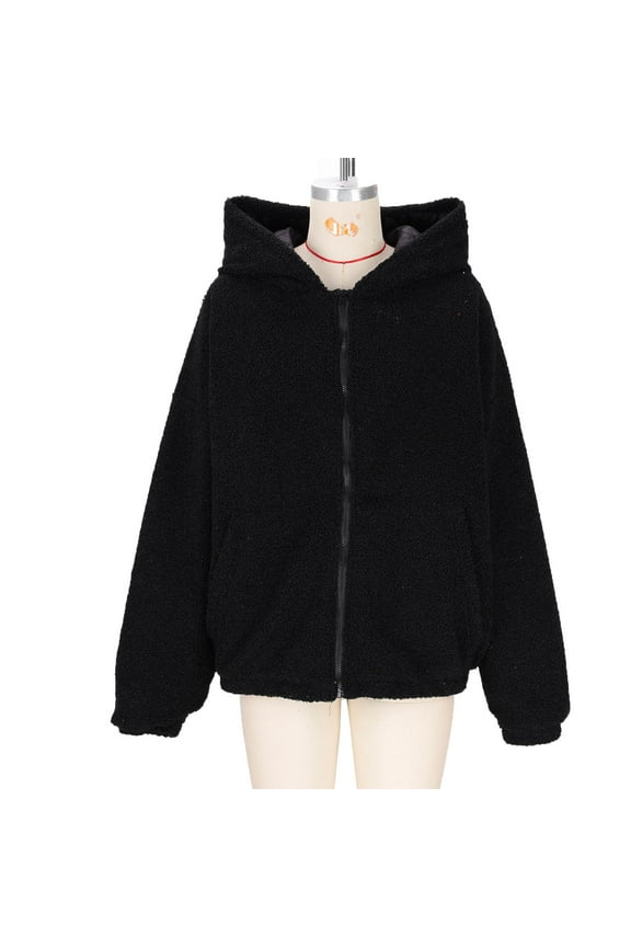 Women's Oversized Solid Casual Coat with Zipper, Hood, Pockets - Long Sleeve Winter Jacket
