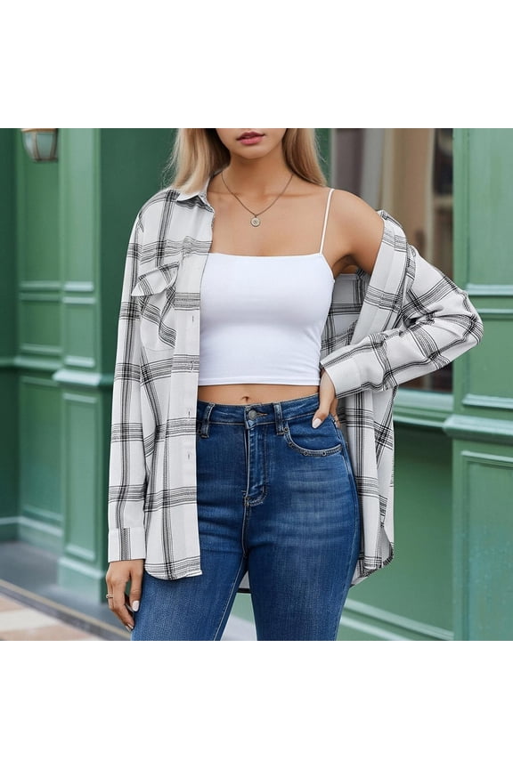 Women's Plaid Shacket Long Sleeve Lapel Collar Shirt Jacket, Flannel Wool-Look Top with Pocket for Fall Casual