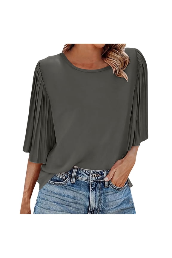 Women's Pleated Chiffon Top with Flared Sleeves and Back Button, 3/4 Sleeve Round Neck Casual and Going Out Blouse for Women