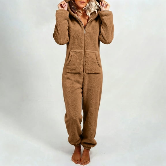 SDNall Women's Plush Fleece Hooded Jumpsuit, Front Zipper Full Body Loungewear for Wintera