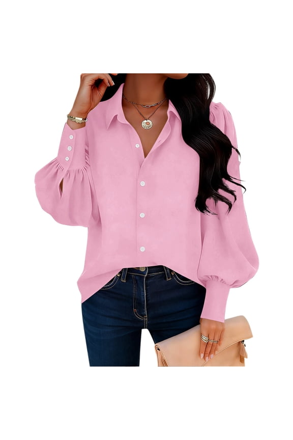 Women‘s Puff Sleeve Button Down Shirt, Solid Color Long Sleeve Blouse with Pointed Collar for Casual Wear