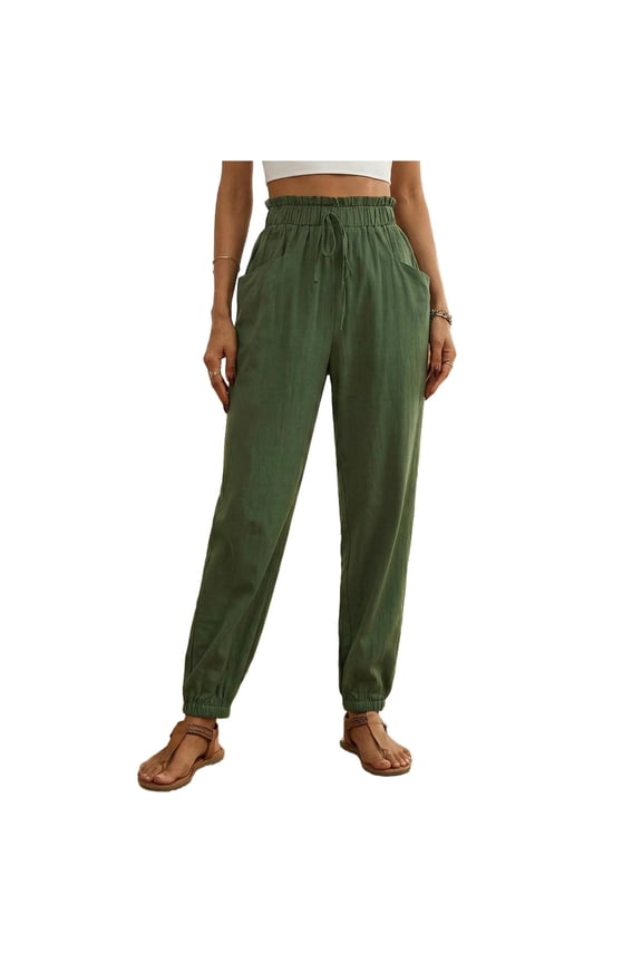 Women's Pull On Dress Pants with Elastic High Waist, Tapered Cuffed Legs and Pockets for Casual Daily Wear