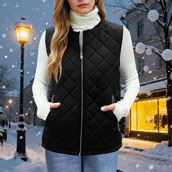 SDNall Women's Quilted Sleeveless Puffer Vest, Solid Color Side Zipper Pocket Jacket for Winter Layering