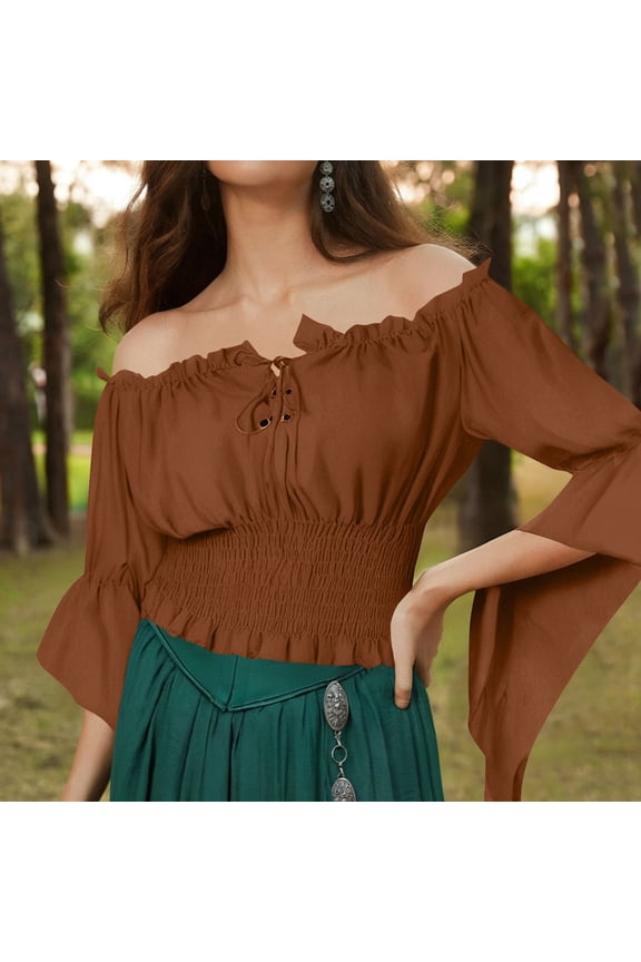 Women's Renaissance Peasant Blouse, Off Shoulder Top with Flared Bell Sleeves for Boho & Party
