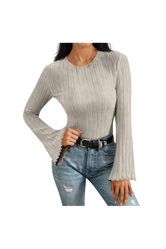 Women's Ribbed Brushed Knit Top, Flared Sleeve Round Neck Long Sleeve Shirt for Casual Chic