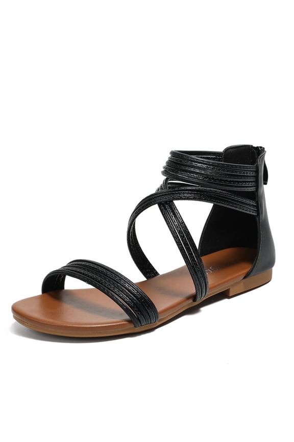 Women's Roman Style Flat Sandals with Glitter Straps and Adjustable Ankle Buckle for Beach, Casual and Everyday Wear
