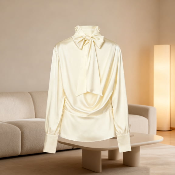 SDNall Women's Satin Bow Tie Blouse, Long Sleeve Stand Collar Solid Color Shirt, Elegant Casual Top for Work and Evening