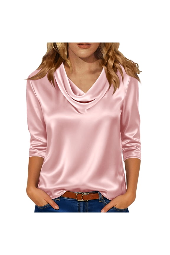 Women's Satin Shirt, Elegant Draped Neckline Blouse with Pleated Collar, Three Quarter Sleeve Casual Top for Home and Daily Wear, Soft Stretch Fabric