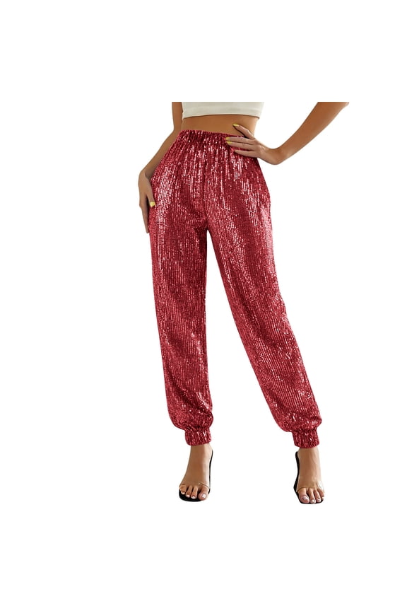 Women's Sequin Sport Joggers, Elastic Waist Glitter Pull-On Pants for Party and Casual Wear