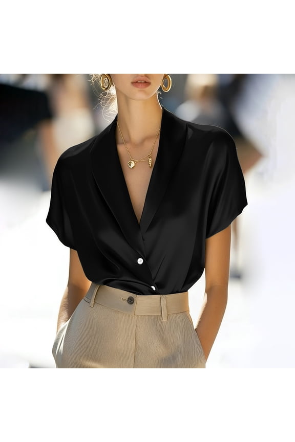 Women's Short Sleeve Notch Lapel Top, Satin Shirt Jacket for Women, Casual Commute and Home Wear Blouse with 3/4 Sleeve and Button Front