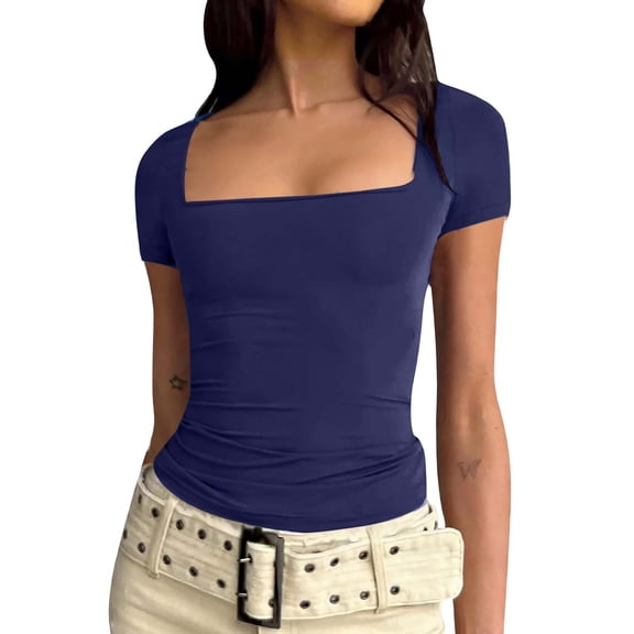 SDNall Women's Short Sleeve Top, Square Neck Casual Shirt, Fitted Breathable Everyday Basic Tee for Women