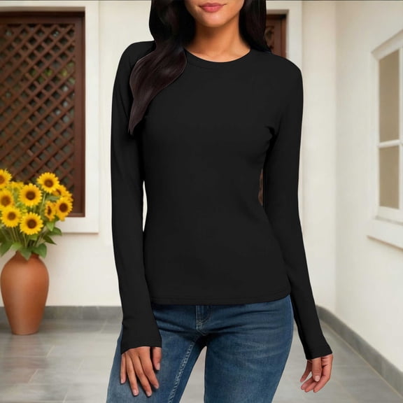 SDNall Women's Slim Fit Long Sleeve Top, Solid Color Round Neck Stretchy Knit Tee, Basic Layering Shirt for Everyday Wear