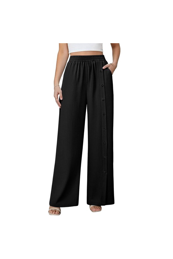 Women's Solid Color Casual Trousers with Button Pockets, Loose Wide Leg Pants for Daily Wear, Comfortable for Home or Work
