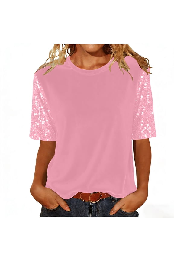 Women‘s Solid Velvet Sequin T-Shirt, 3/4 Sleeve Round Neck Blouse, Sparkling Crushed Velvet Top for Party, Dating & Casual Wear
