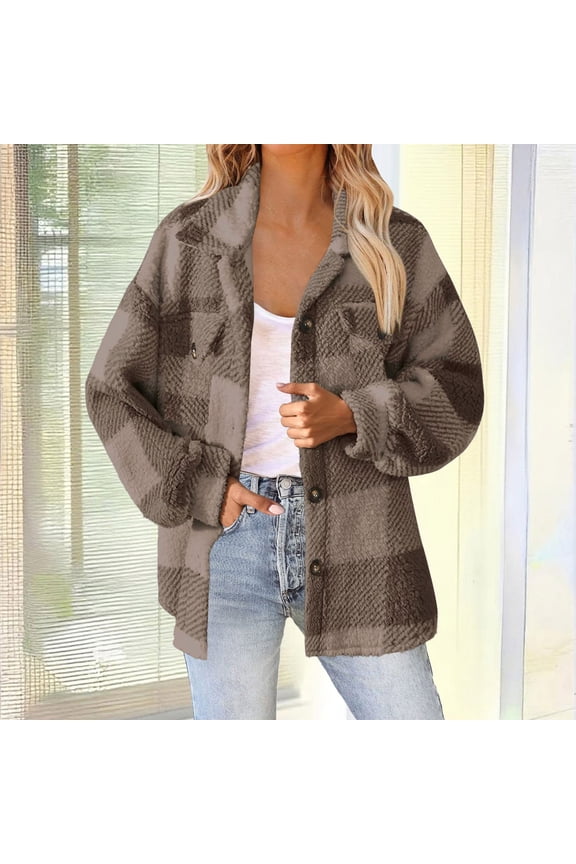 Women's Straight Cardigan Jacket, Collar Long Sleeve 4-Pocket Fleece