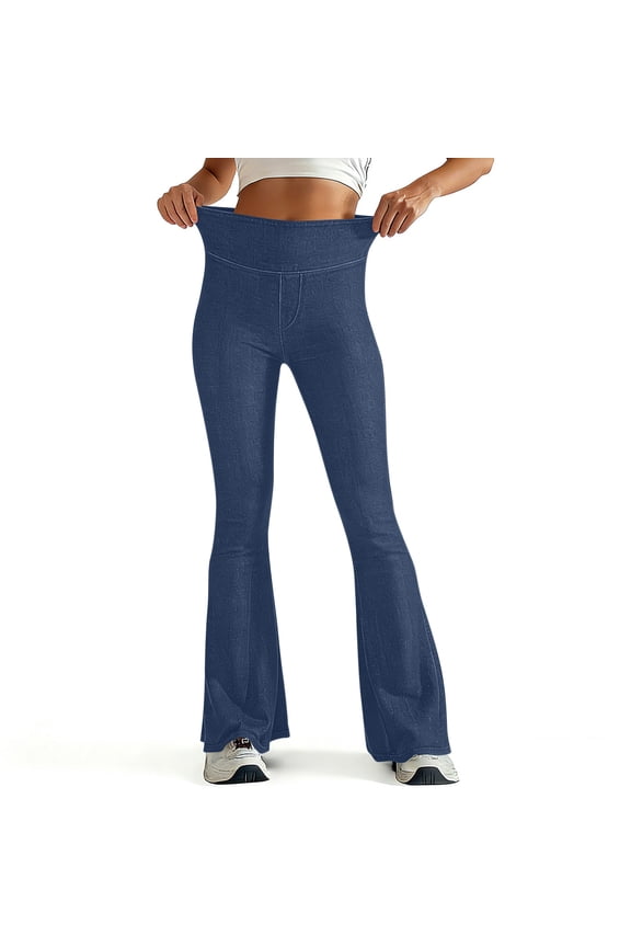Women's Stretch Denim Leggings, High Waist Flare Pants with Side Pockets, Bootcut Casual Jeggings for Fall Winter
