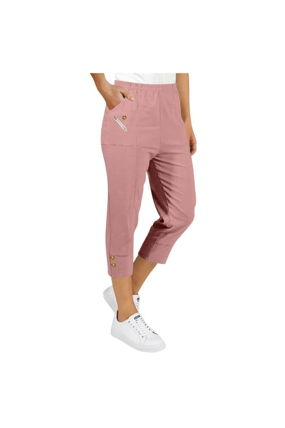 Women's Stretch Waist Pants with Zipper Pockets, Comfortable 7/8 Length Cotton Casual Pants for Home and Daily Wear