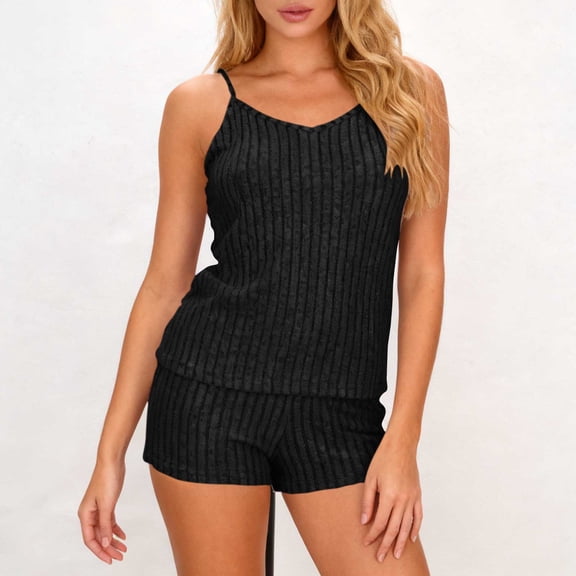 SDNall Women's Two Piece Set, Loungewear Set with Ribbed Cami Top and Shorts, Summer Sleepwear and Casual Lounge Outfit for Women, Comfortable V-Neck Pajama Set