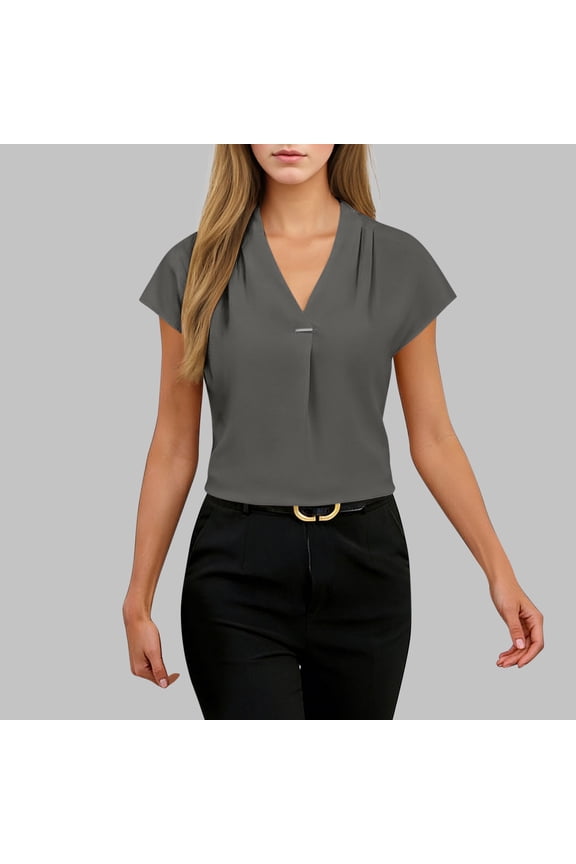 Women's V-Neck Blouse, Short Sleeve Poplin Shirt, Button Down Top for Women, Tailored Fitted Shirt for Work Office and Casual Wear, Lightweight Wrinkle Resistant Fabric