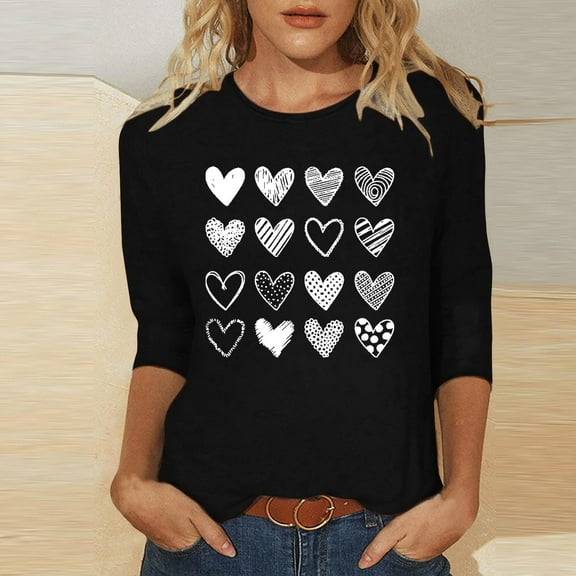SDNall Women's Valentine's Day Heart Print 3/4 Sleeve T-Shirt - Soft Round Neck Loose Fit Blouse for Casual Daily Wear