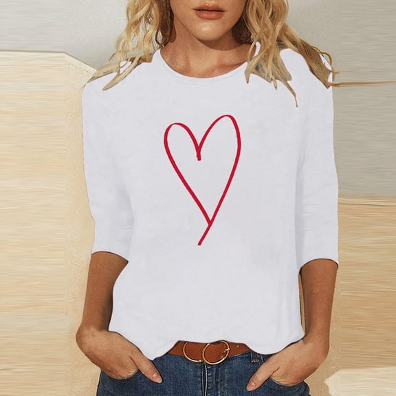 SDNall Women's Valentine's Day Heart Print 3/4 Sleeve T-Shirt - Soft Round Neck Loose Fit Blouse for Casual Daily Wear