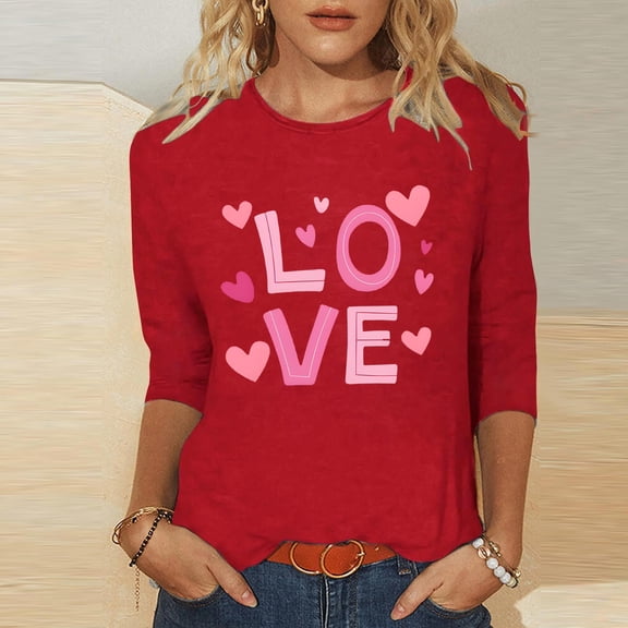 SDNall Women's Valentine's Day Heart Print 3/4 Sleeve T-Shirt - Soft Round Neck Loose Fit Blouse for Casual Daily Wear
