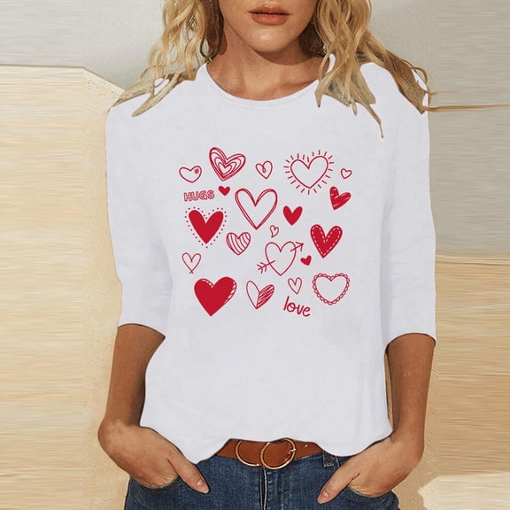 SDNall Women's Valentine's Day Heart Print 3/4 Sleeve T-Shirt - Soft Round Neck Loose Fit Blouse for Casual Daily Wear