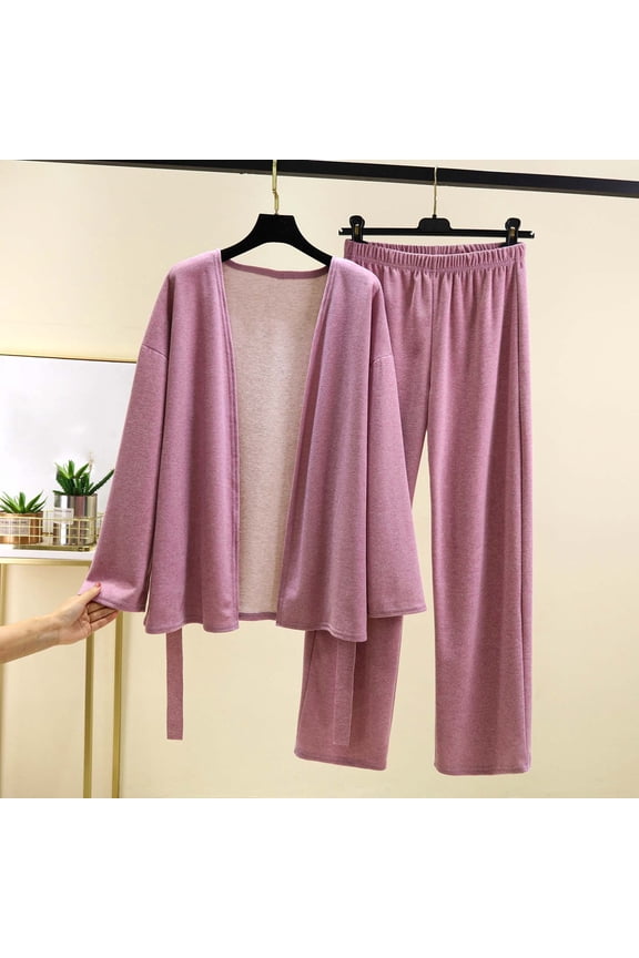 Women‘s Velour Pajama Set, Long Sleeve Button-Down Top with Long Pants and Belt, Cozy Loungewear