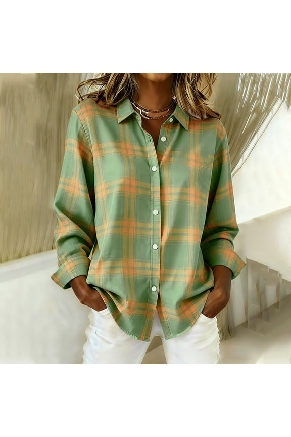 Women's Vintage Plaid Shirt, Long Sleeve Button-Down Blouse with Spread Collar for Casual Wear