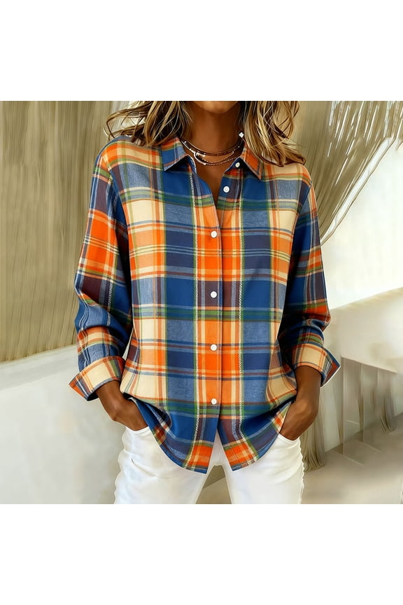 Women's Vintage Plaid Shirt, Long Sleeve Button-Down Blouse with Spread Collar for Casual Wear