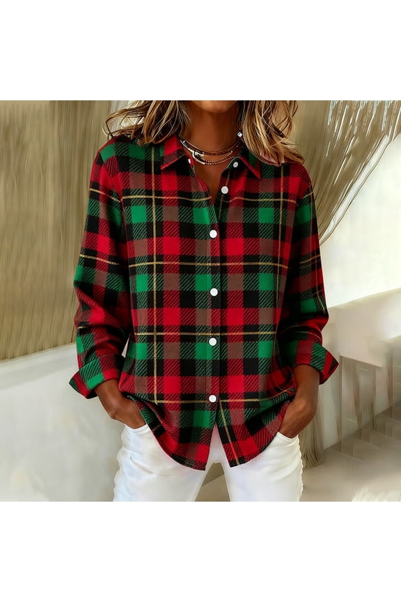 Women's Vintage Plaid Shirt, Long Sleeve Button-Down Blouse with Spread Collar for Casual Wear