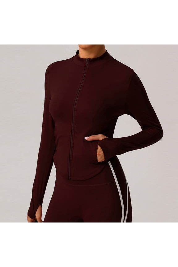 Women's Windproof Yoga Jacket, Stand-Up Collar Sports Coat with Zipper Pockets