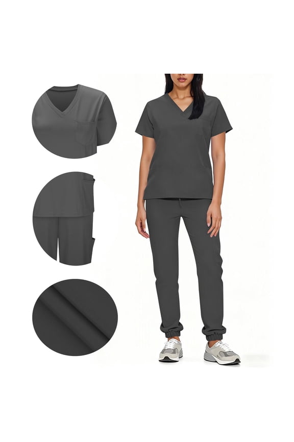 Women's Work Uniform Set, V-Neck Short Sleeve Top with Drawstring Waist Pants with Multiple Pockets for All-Day Comfort, Easy Care Wrinkle-Resistant Clothing for Various Work Environments