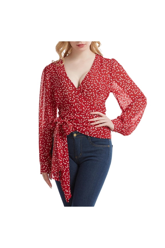 Women's Wrap Blouse with Heart Print, Deep V-Neck Long Sleeve Shirt, Tie Waist Chiffon Top for Spring Summer