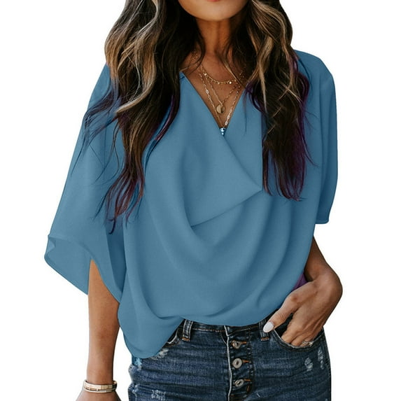 SDNall Womens Bell Sleeve Tops Casual Draped V-Neck Flared Sleeve Loose Shirt (Blue,Sizes:S-2XL)