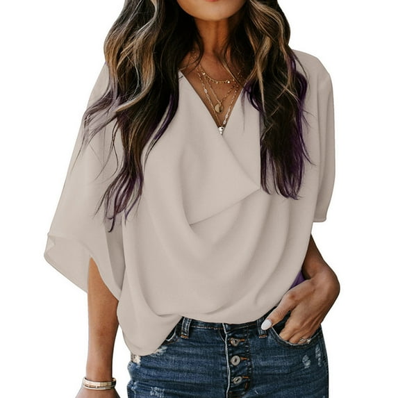 SDNall Womens Bell Sleeve Tops Casual Draped V-Neck Flared Sleeve Loose Shirt (White,Sizes:S-2XL)
