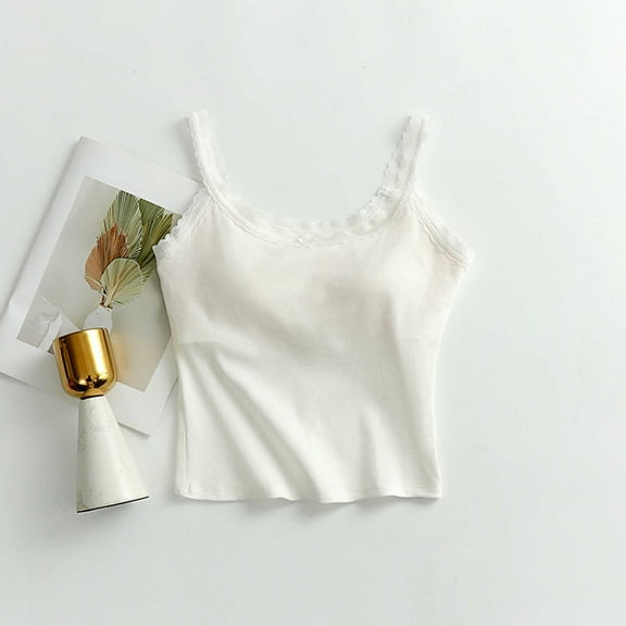 SDNall Womens Built-in Bra Camisole, Lace Trim Sleeveless Top for Home & Layering